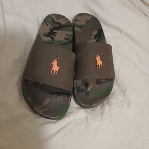 Camo Slide Sandals with Orange Logo